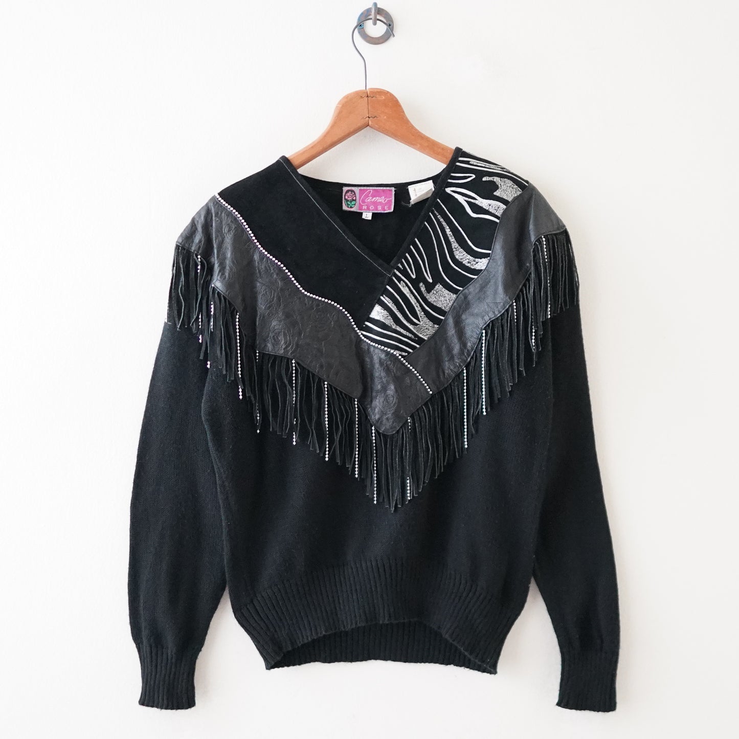 80s leather tassel sweater